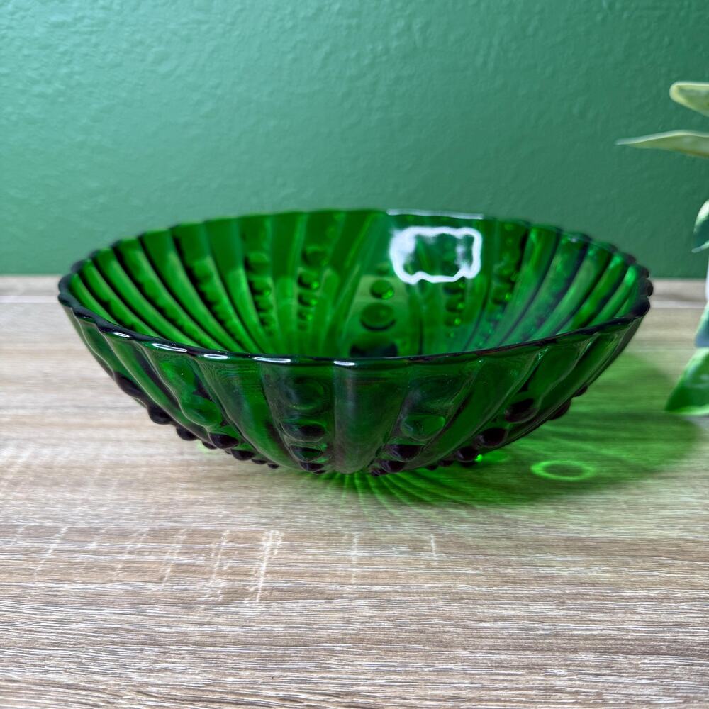 Vintage Boho Anchor Hocking Burple Bubble Dot Footed Green Glass Serving Bowl